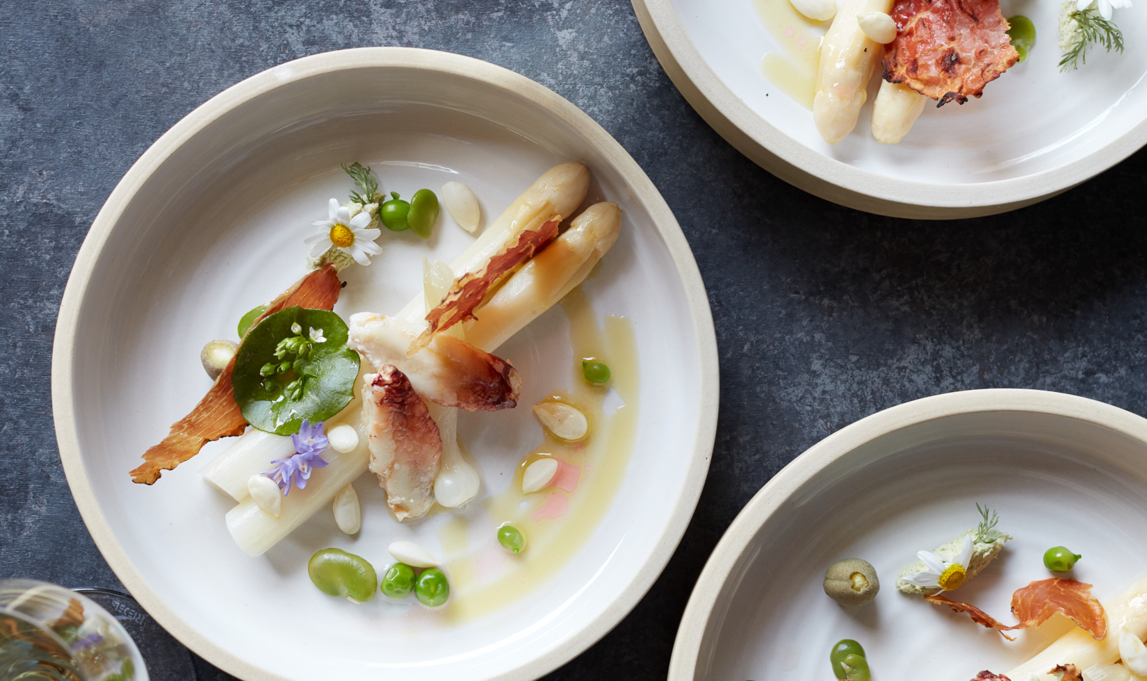 White Asparagus with Dungeness Crab and Spring Peas