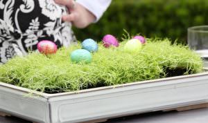 A tray of moss on a table with small glitter fake eggs for an Easter centerpiece.