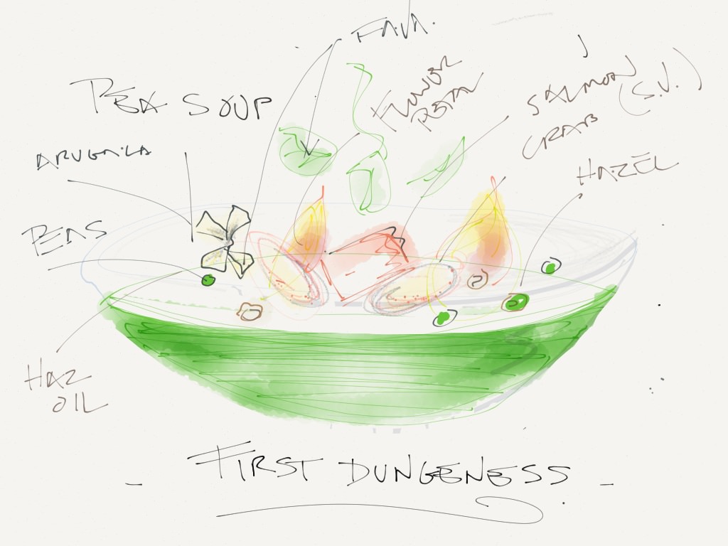 a digital hand drawing of spring pea soup creation by Jordan Winery Executive Chef Todd Knoll