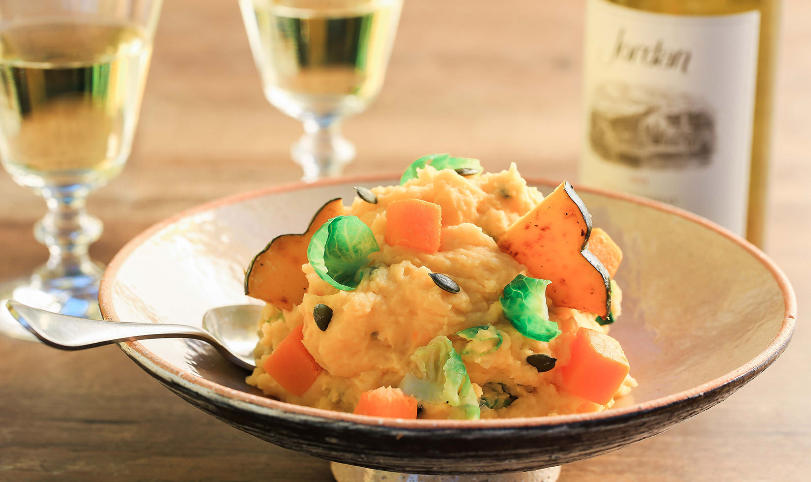 Jordan Winery Butternut Squash Mashed Potatoes with Acorn Squash and Pumpkin Seeds in bowl