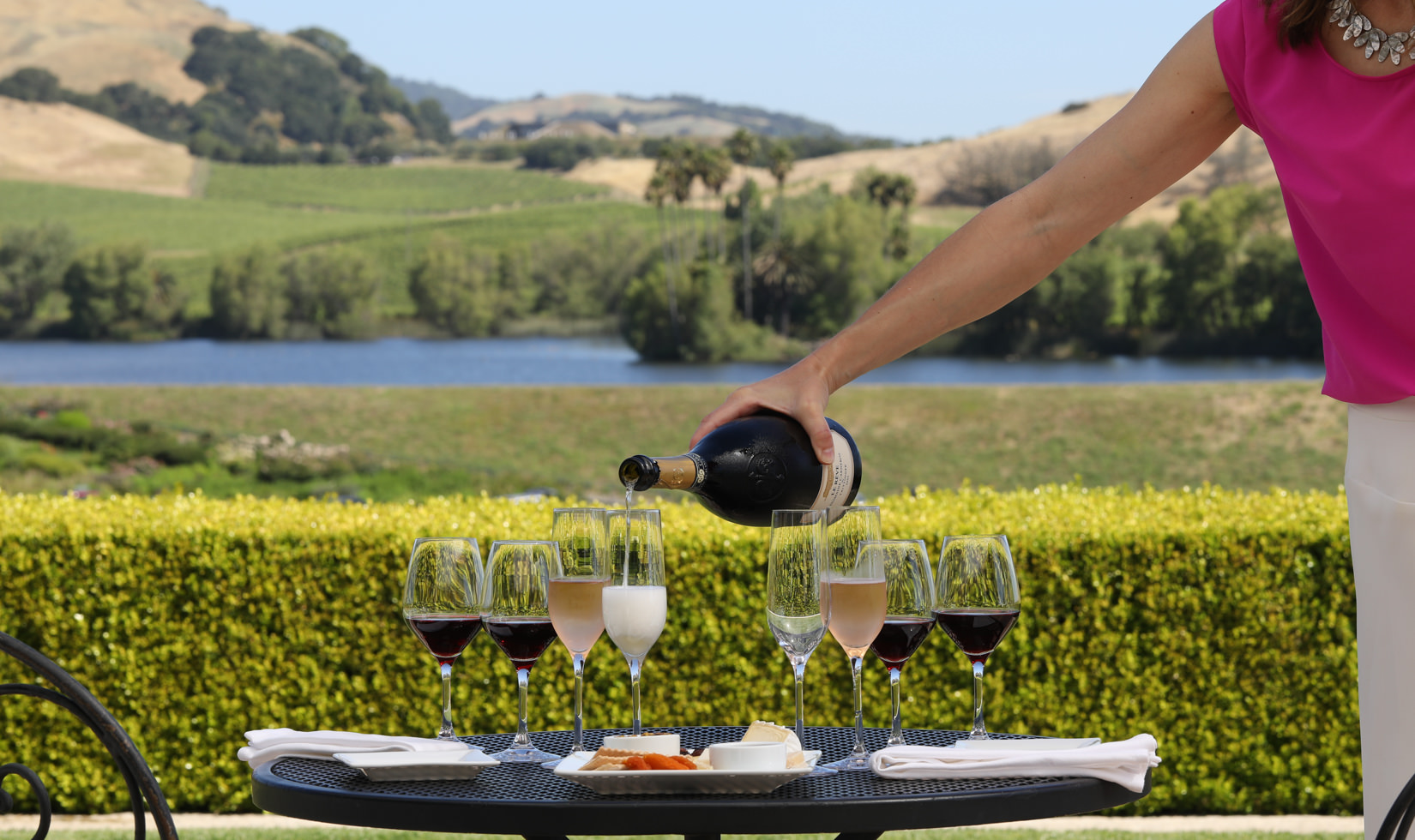 a woman pouring a wine in 8 wine glasses with a background view at Domain Carneros