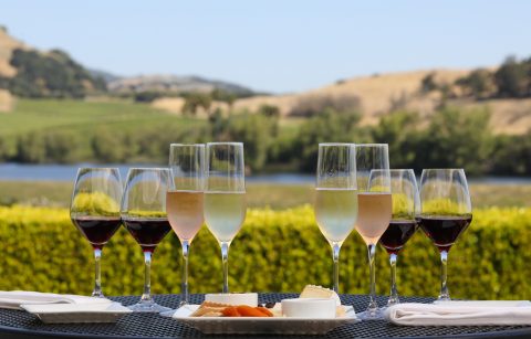 alfresco table setting for wine and cheese tasting with the view from Domaine Carneros terrace in background