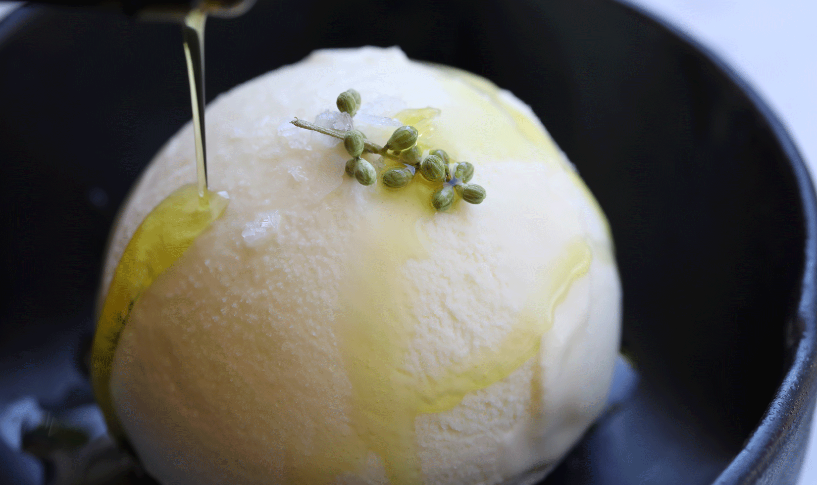 close up of Jordan winery olive oil drizzled over olive oil ice cream