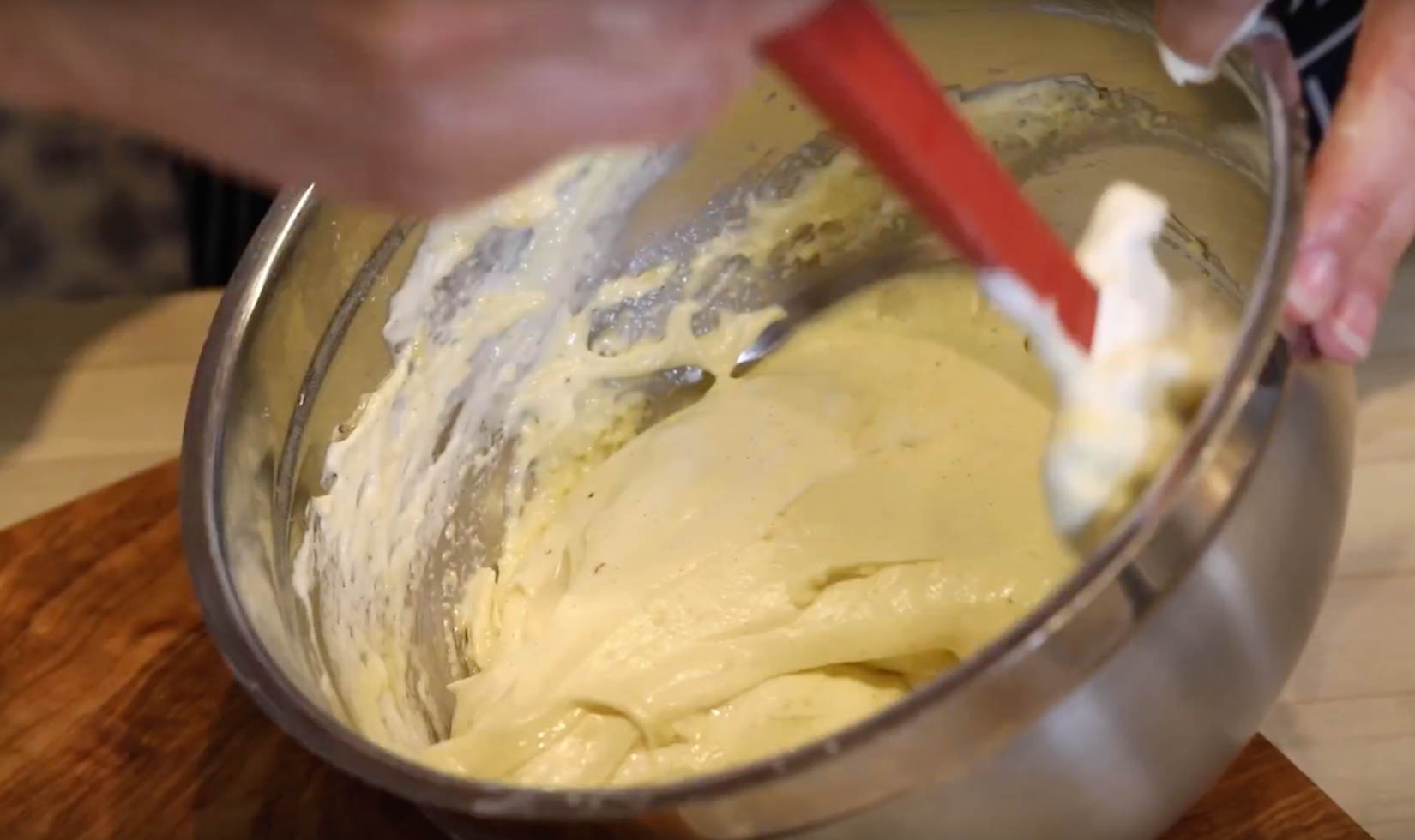 meringue in mixing bowl for olive oil cake recipe