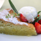 close up of Jordan Winery Olive Oil Cake with Strawberries and Cream
