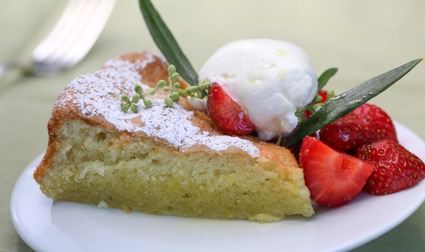 close up of Jordan Winery Olive Oil Cake with Strawberries and Cream