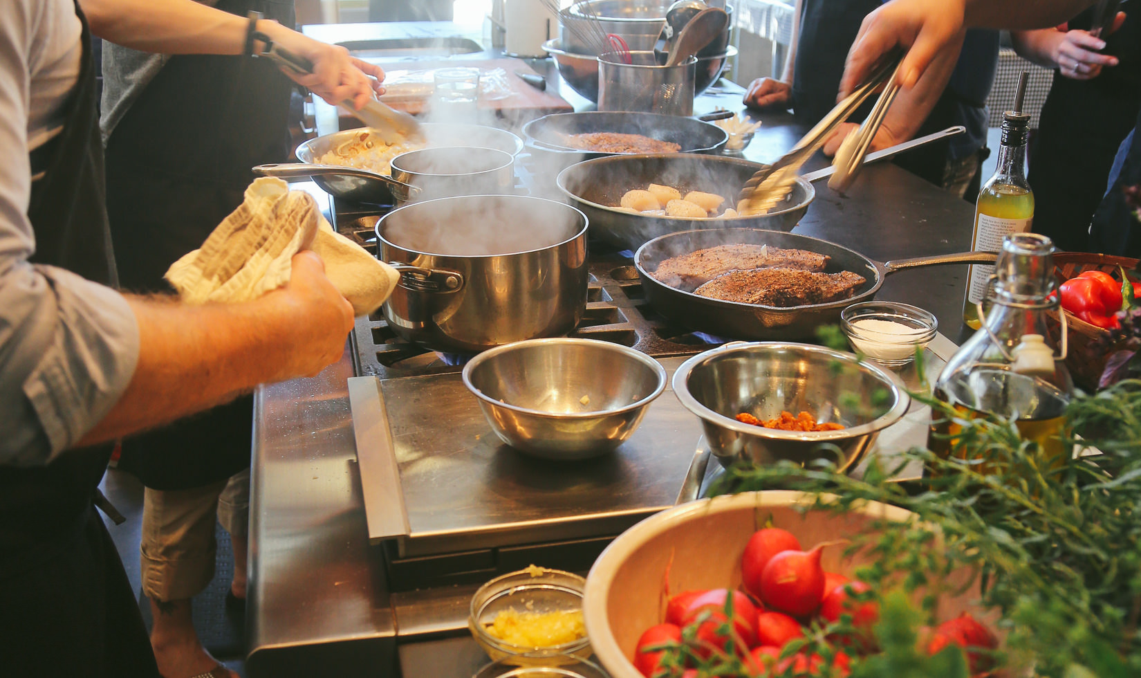 Guests cook at Relish Healdsburg culinary cooking class and winery lunch event in September