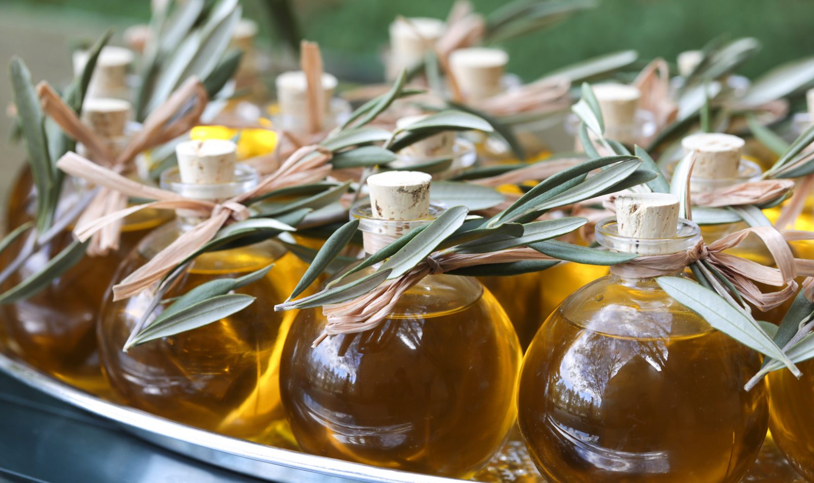 Jordan Winery extra virgin olive oil in glass bottles with olive leaf sprig garnish