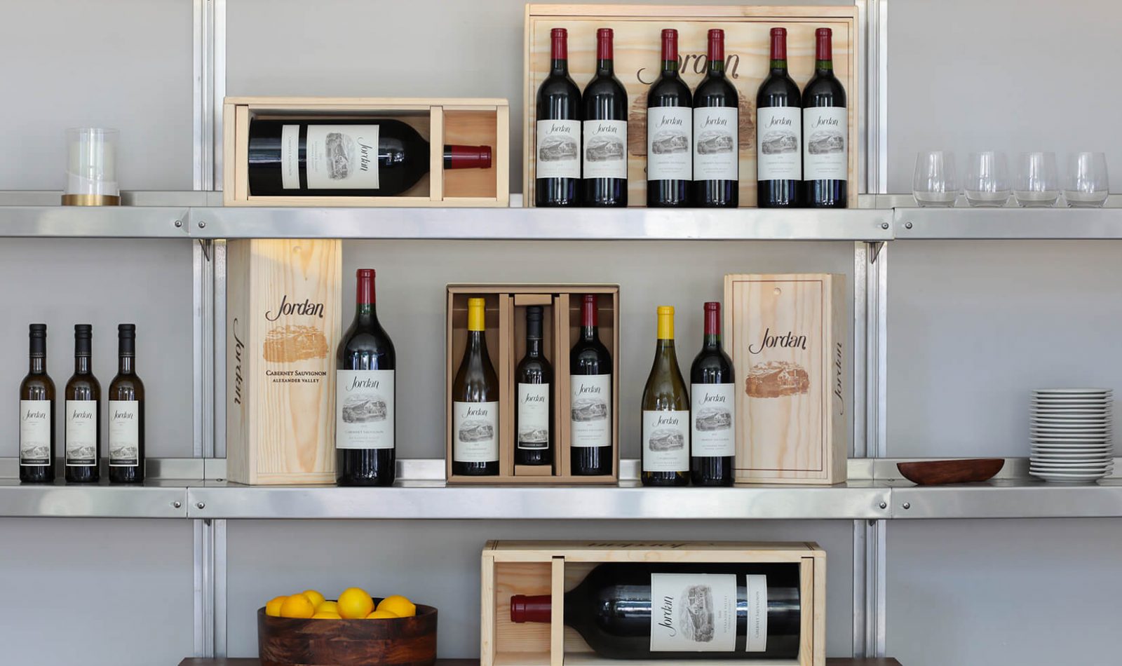 Jordan wines wall display with Chardonnay, Cabernet Sauvignon and Olive Oil