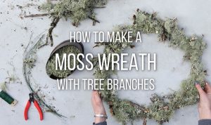 hands holding moss wreath next to gardening tools with image text "how to make a moss wreath with tree branches"