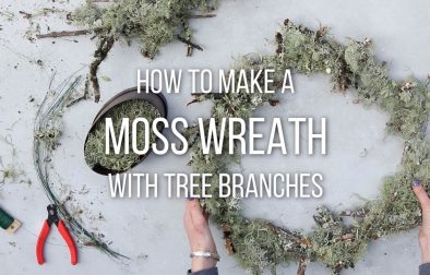 hands holding moss wreath next to gardening tools with image text "how to make a moss wreath with tree branches"