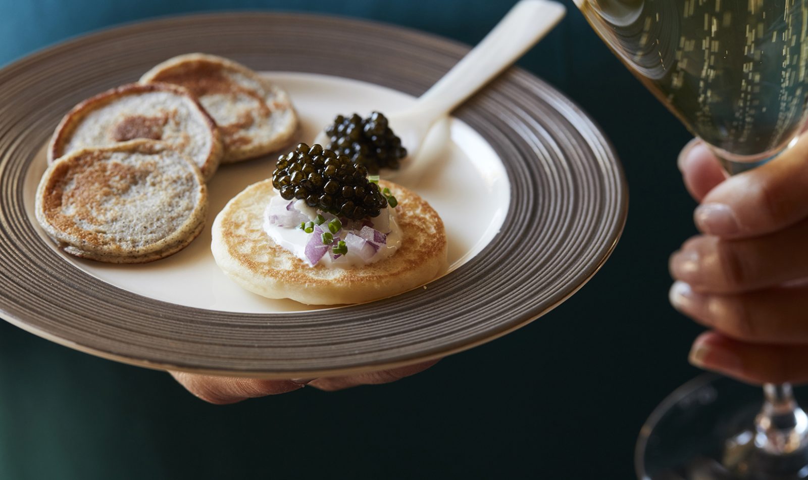 Jordan Winery Buckwheat Blinis with Chef's reserve Caviar and Champagne