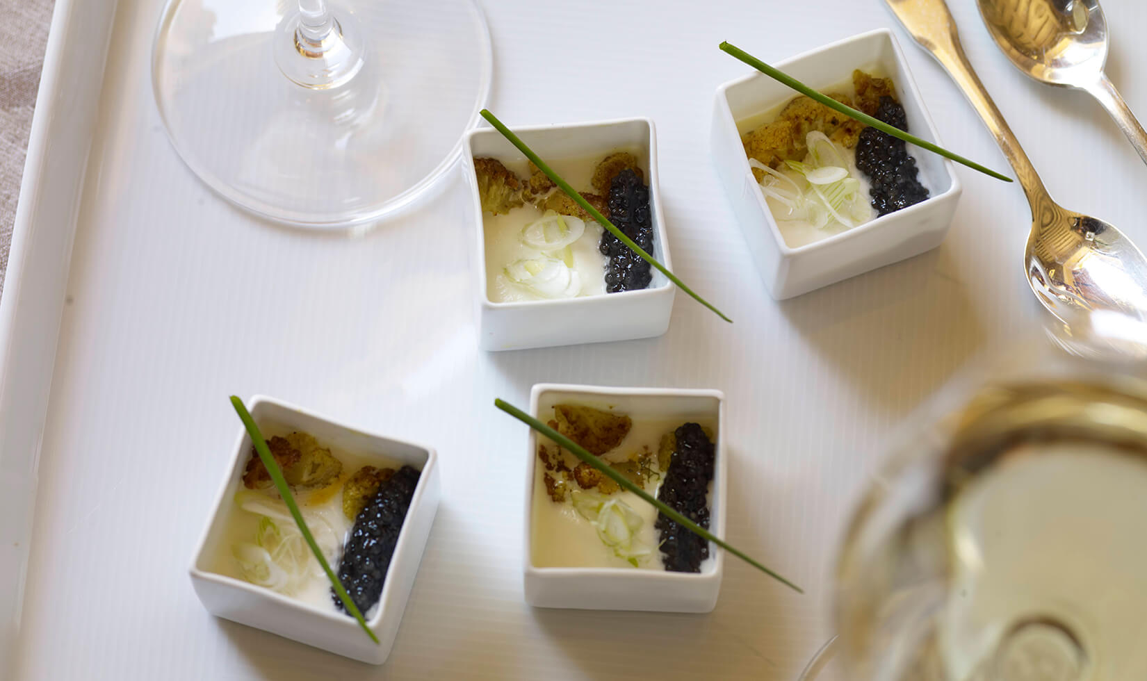 cauliflower soup cups appetizer with caviar
