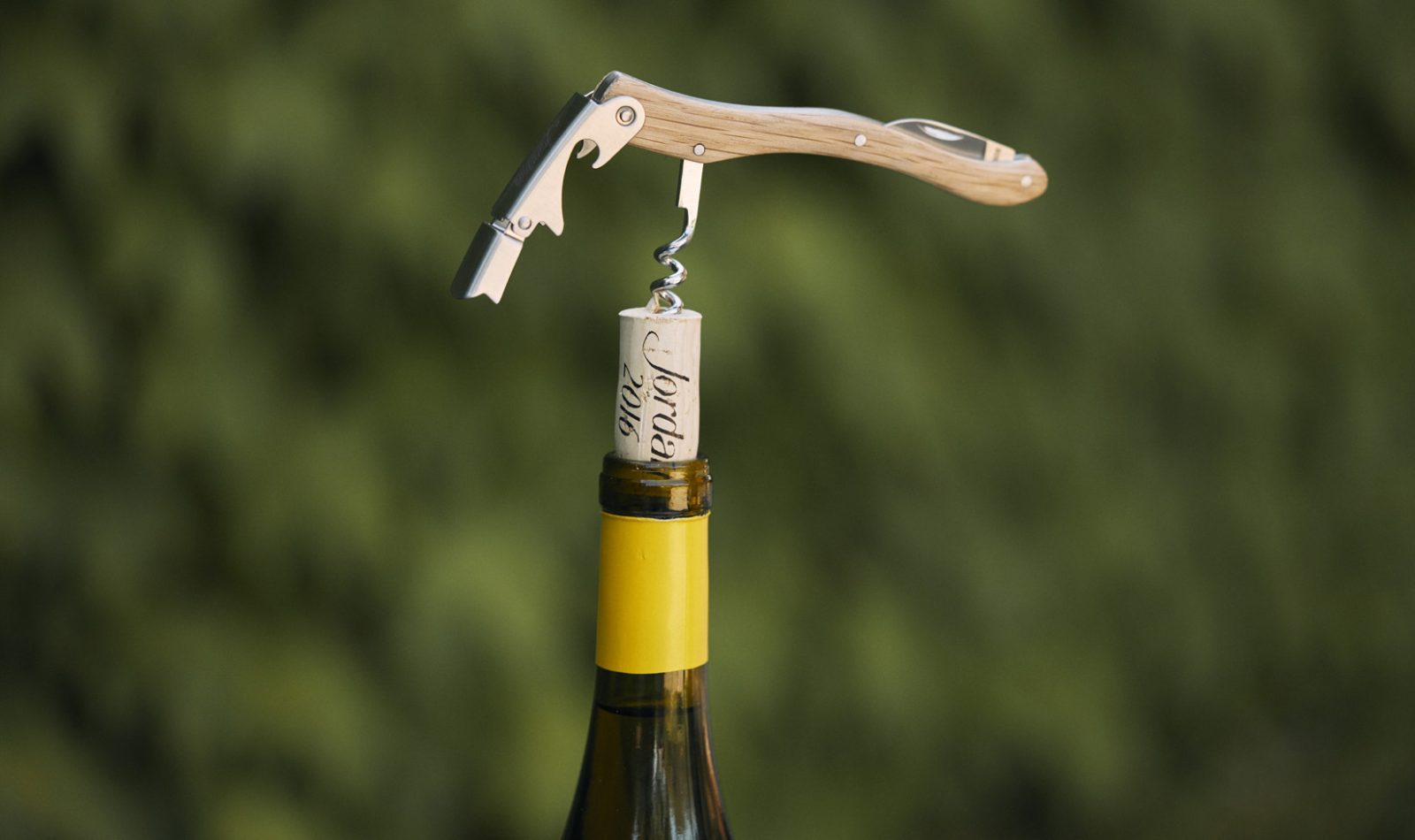 Jordan wine barrel corkscrew in a 2016 Jordan Chardonnay cork