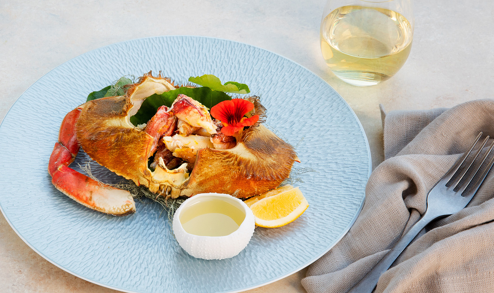 crab and drawn butter with chardonnay 