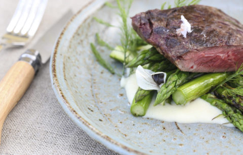 Jordan Winery Hangar Steak with Asparagus Salad on plate