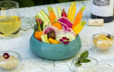 Edible Vegetable Centerpiece with Green Goddess Dip, Hummus and Baba Ganoush