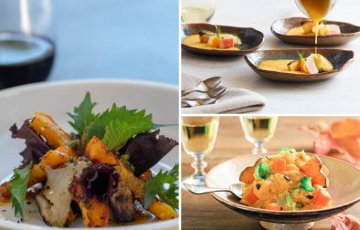 photo collage of our favorite squash recipes: sunchoke salad, kabocha squash soup and butternut squash mashed potatoes