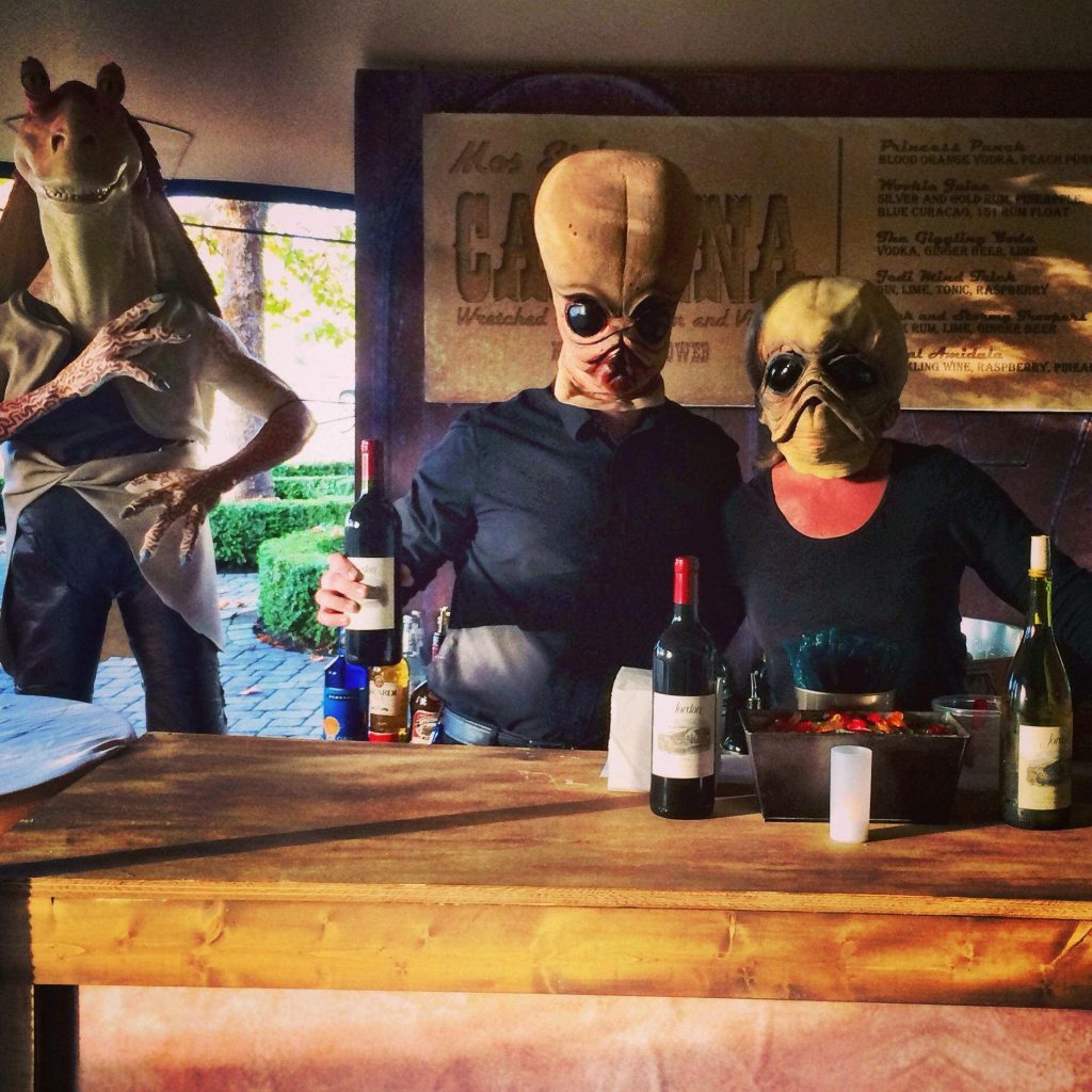 Bartenders dressed up as aliens during Jordan's Star Wars Halloween Party.
