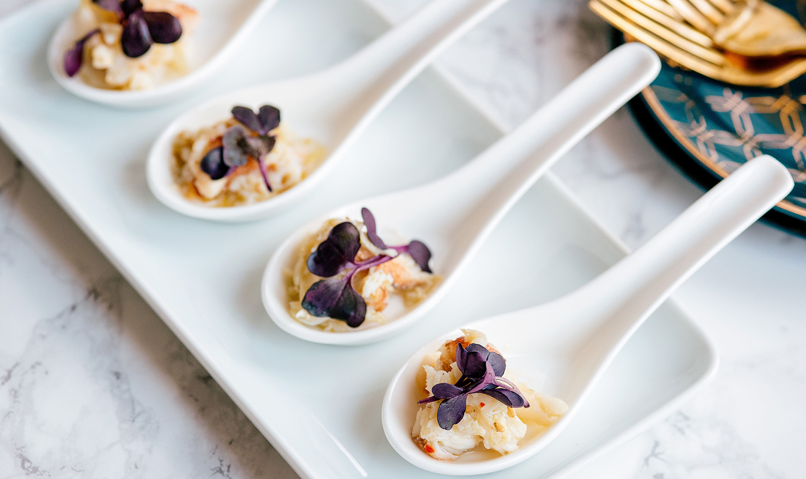 Dungeness crab cocktail with miso vinaigrette on spoons