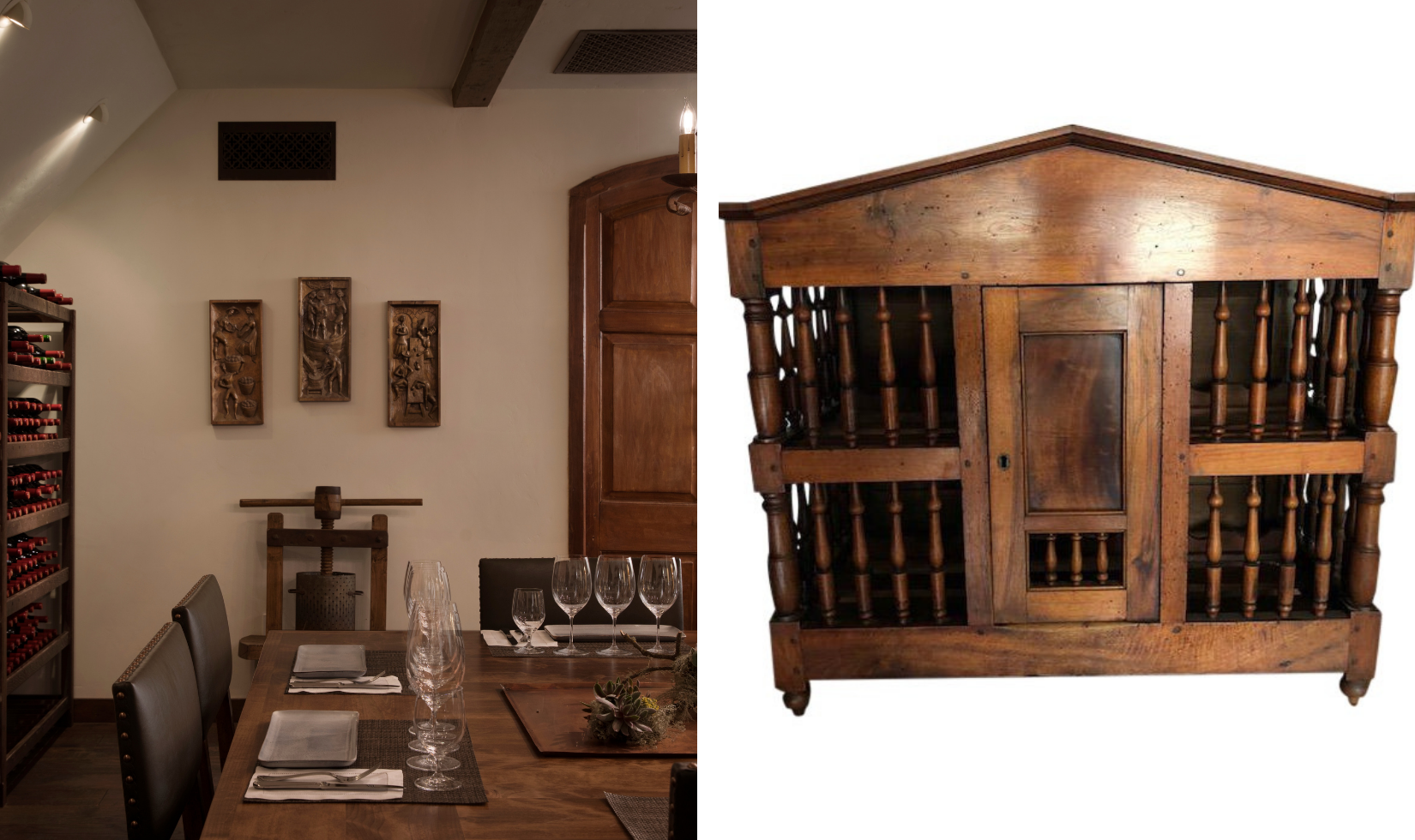 photo collage of wine cellar room and vintage wine rack