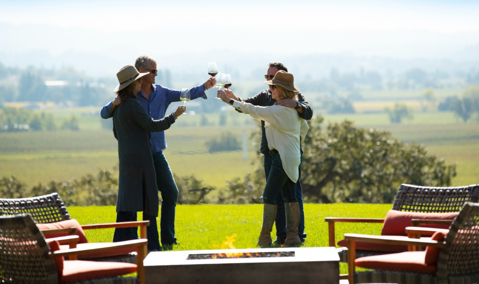 Group toasting with wine glasses with vineyard in background on sunny day