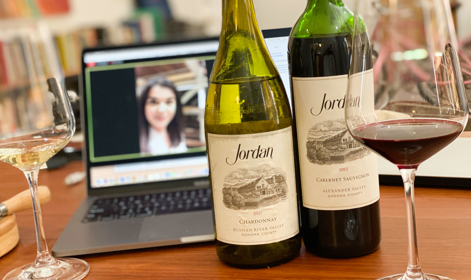 jordan winery virtual wine tasting cabernet chardonnay with laptop