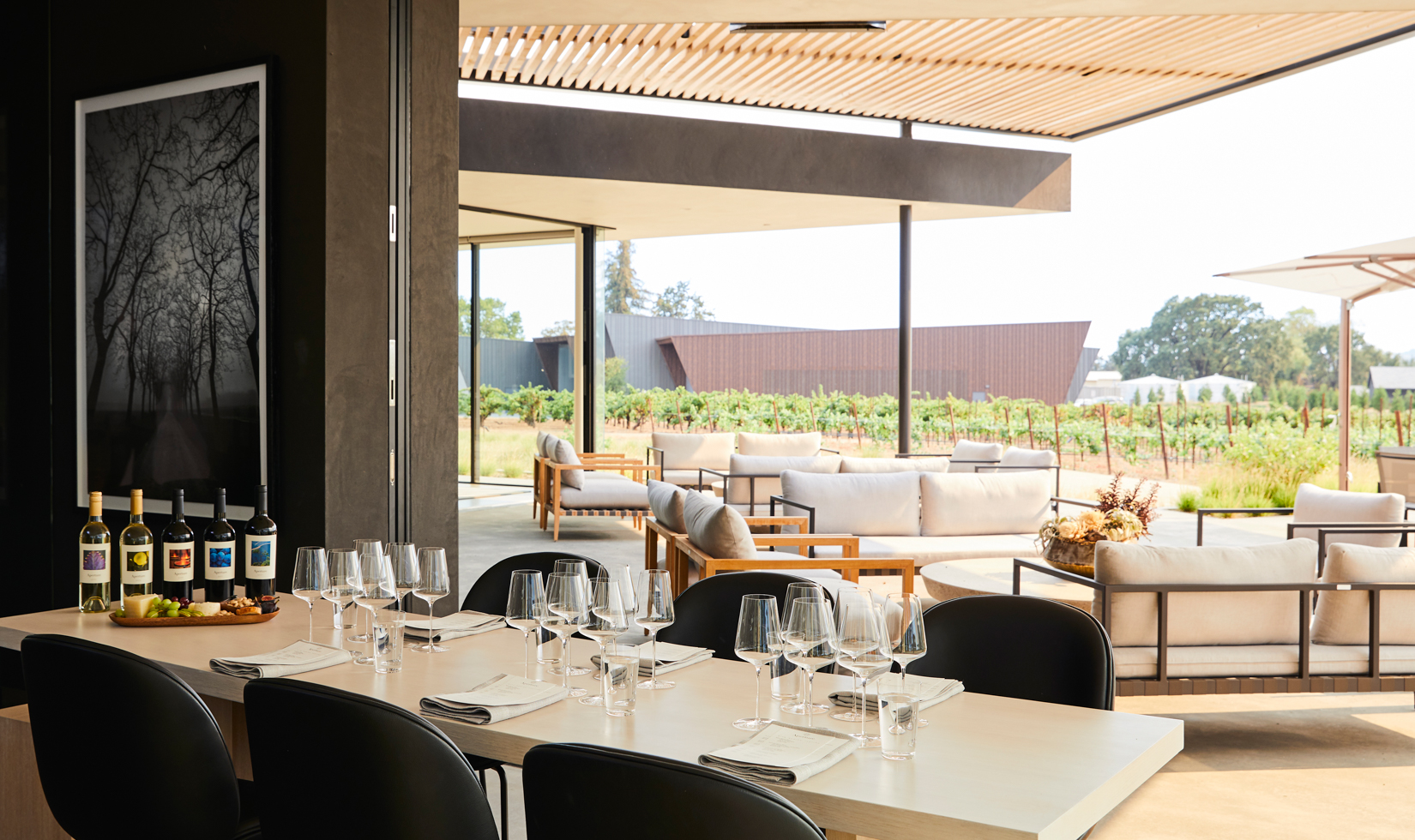 modern tasting room with wine glasses on wood table and vineyard views