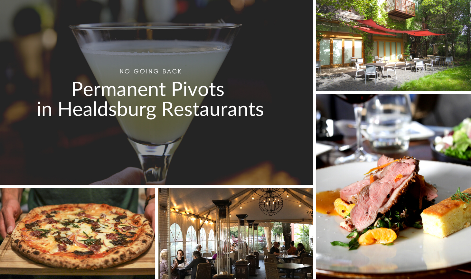 photo collage of restaurant patios, pizza and duck breast