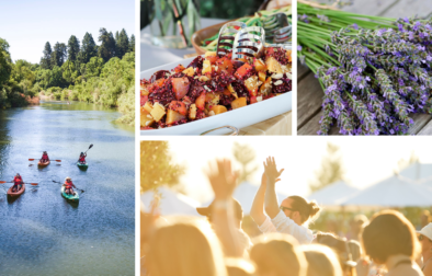 photo collage of kayakers on river, close up of beets on plate, lavender and man clapping his hands at outdoor concert