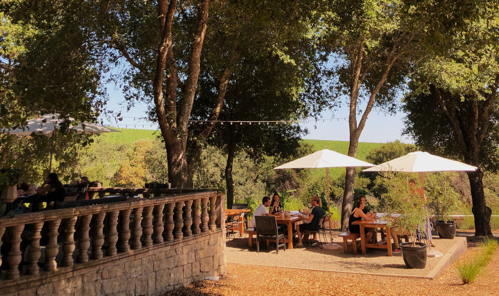 outdoor winery patio with umbrellas and tables