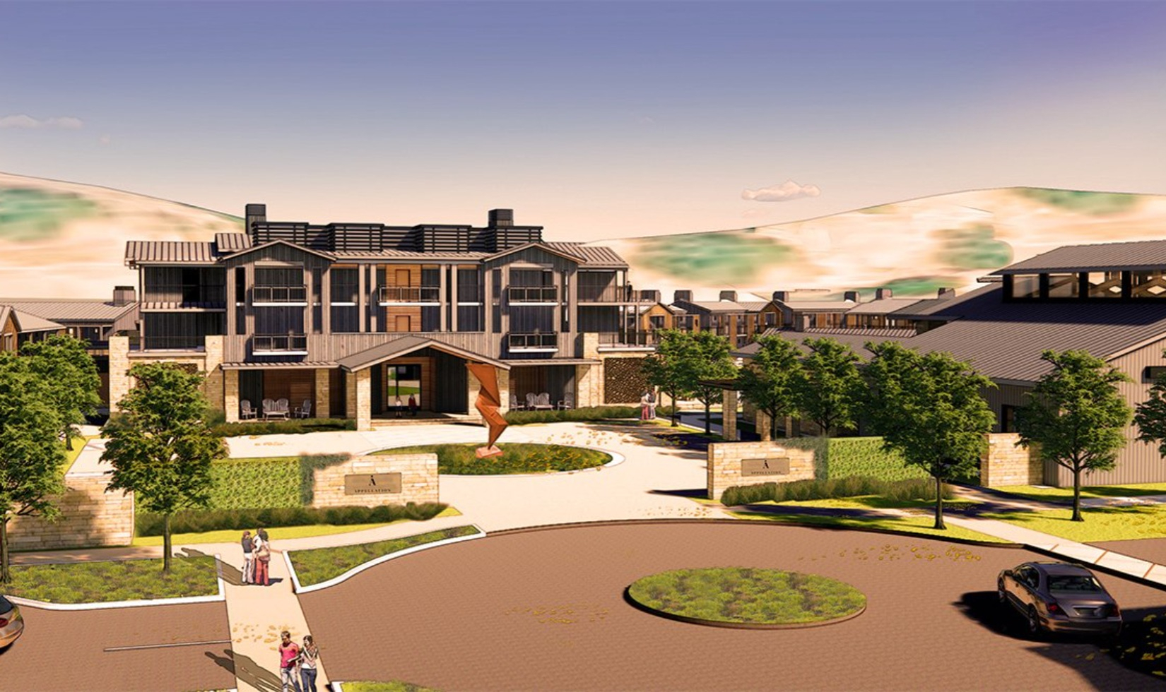 Digital rendering image depicting a modern luxurious hotel in front of cul-de-sac drive