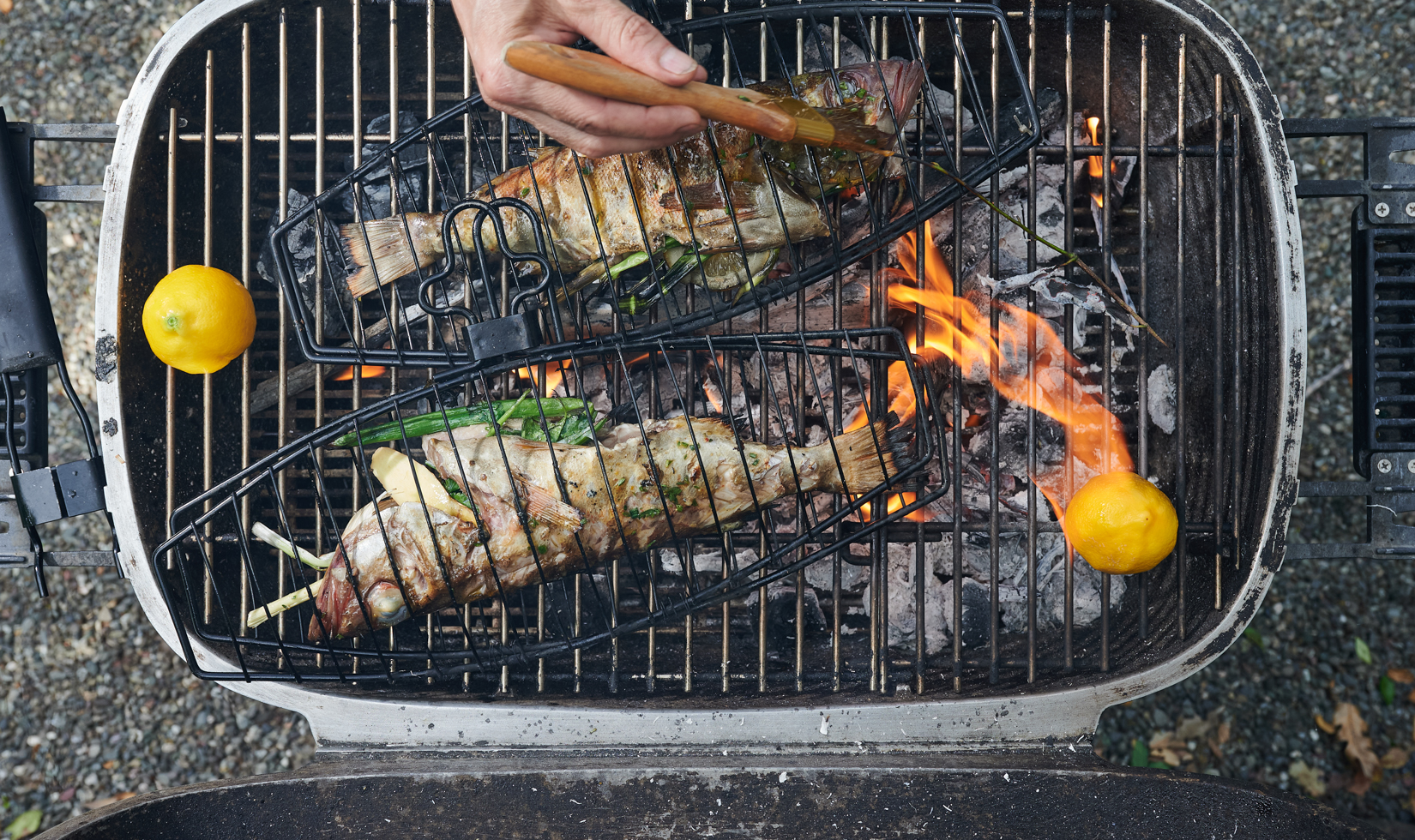 overhead grill with two fish and flames