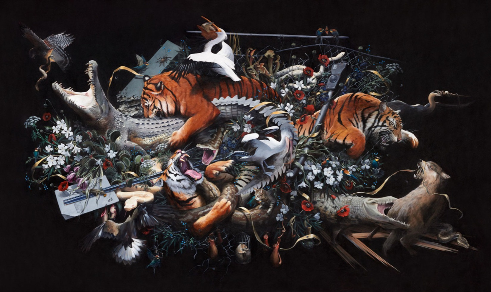 Print of artwork showing tigers, alligator, foxes and birds emerging from a mass of flowers.