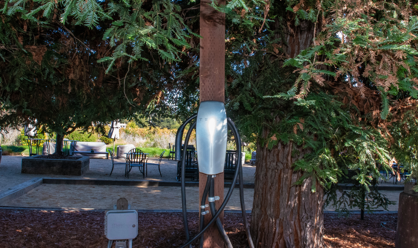 EV charger on post in parking lot in front of winery terrace