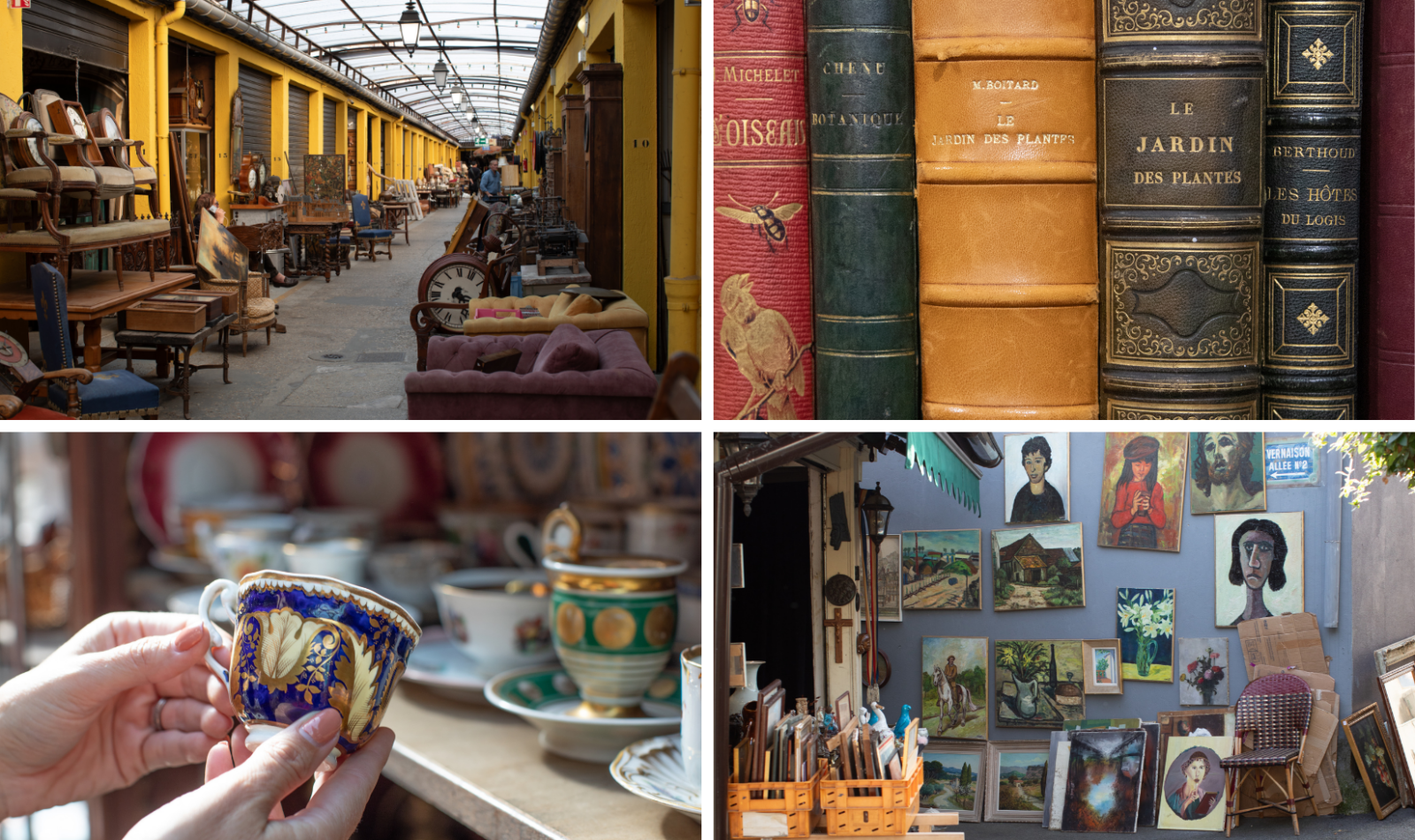 collage of four photos featuring antiques, flea markets, a vintage tea cup and old books on a shelf.