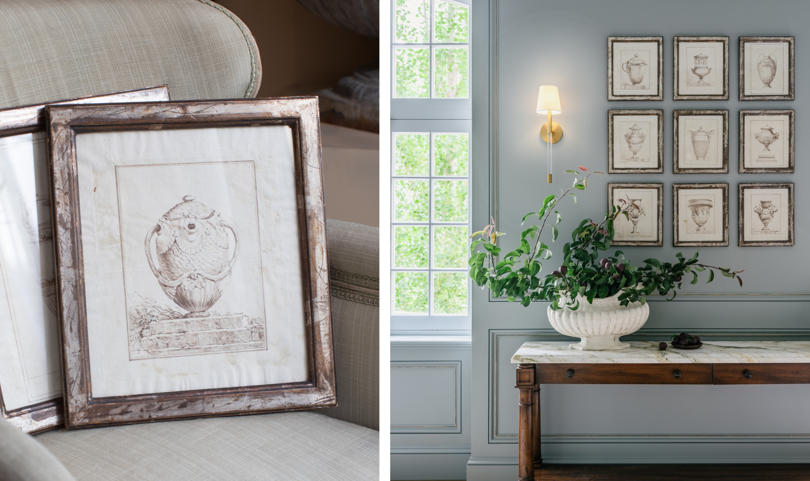 collage of two images; one of framed drawings on a light colored couch and on the right, framed drawings hung on light blue walls 