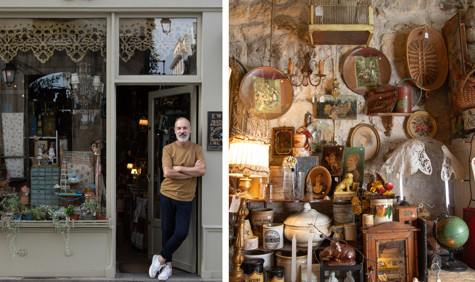 photo collage of store owner standing outside his shop on the left and floor-to-ceiling interior of antique objects