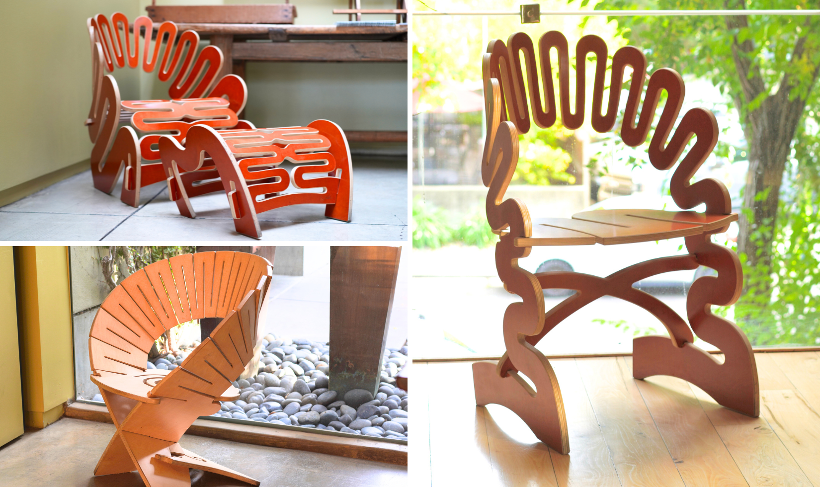 collage of three different orange modern chairs