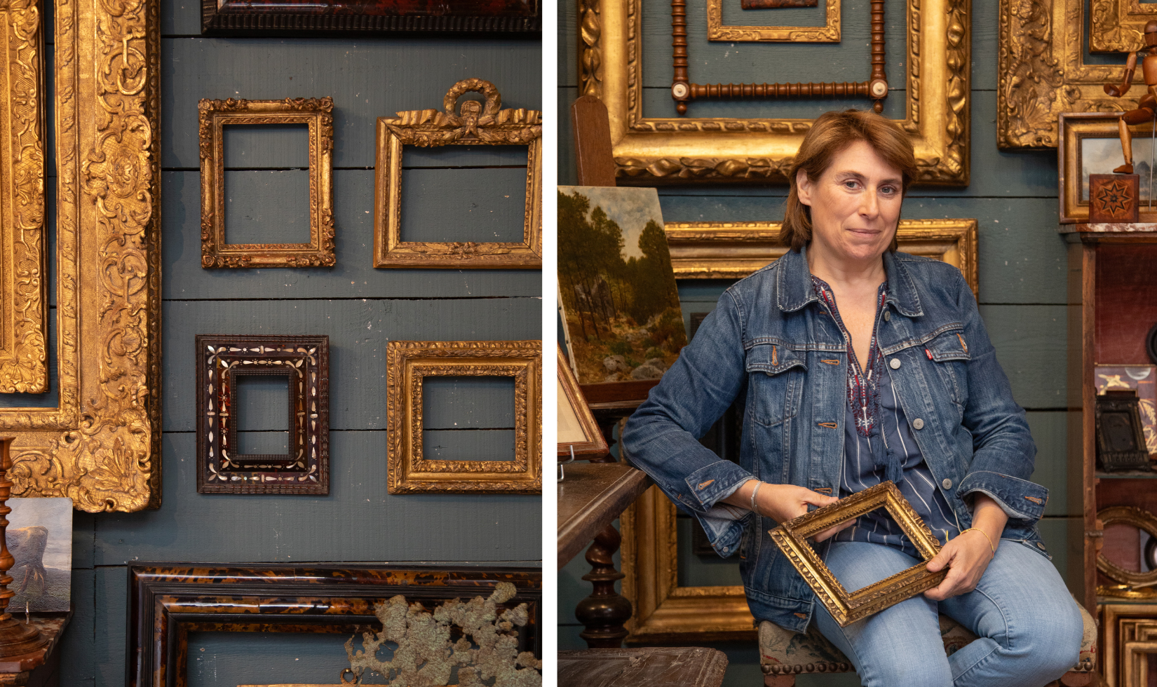 collage of two photos. left side wall of vintage gold frames and the right side, a woman sitting holding a frame.