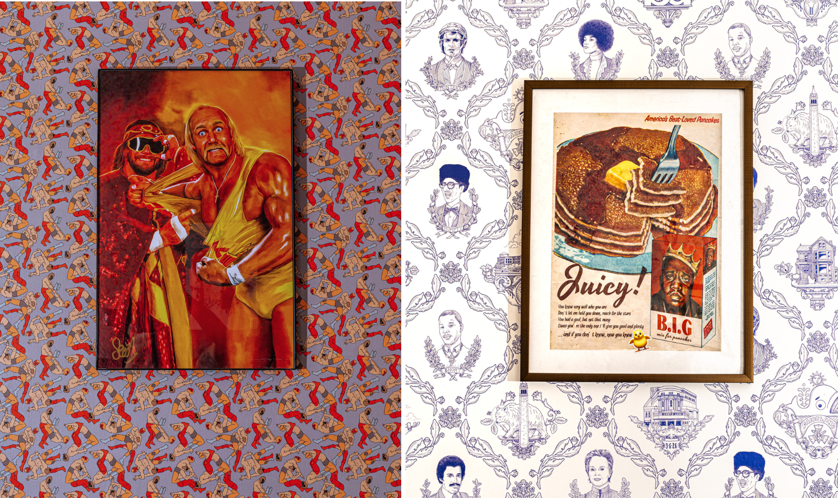 collage of two images of wallpaper featuring wrestlers and portraits in playful designs