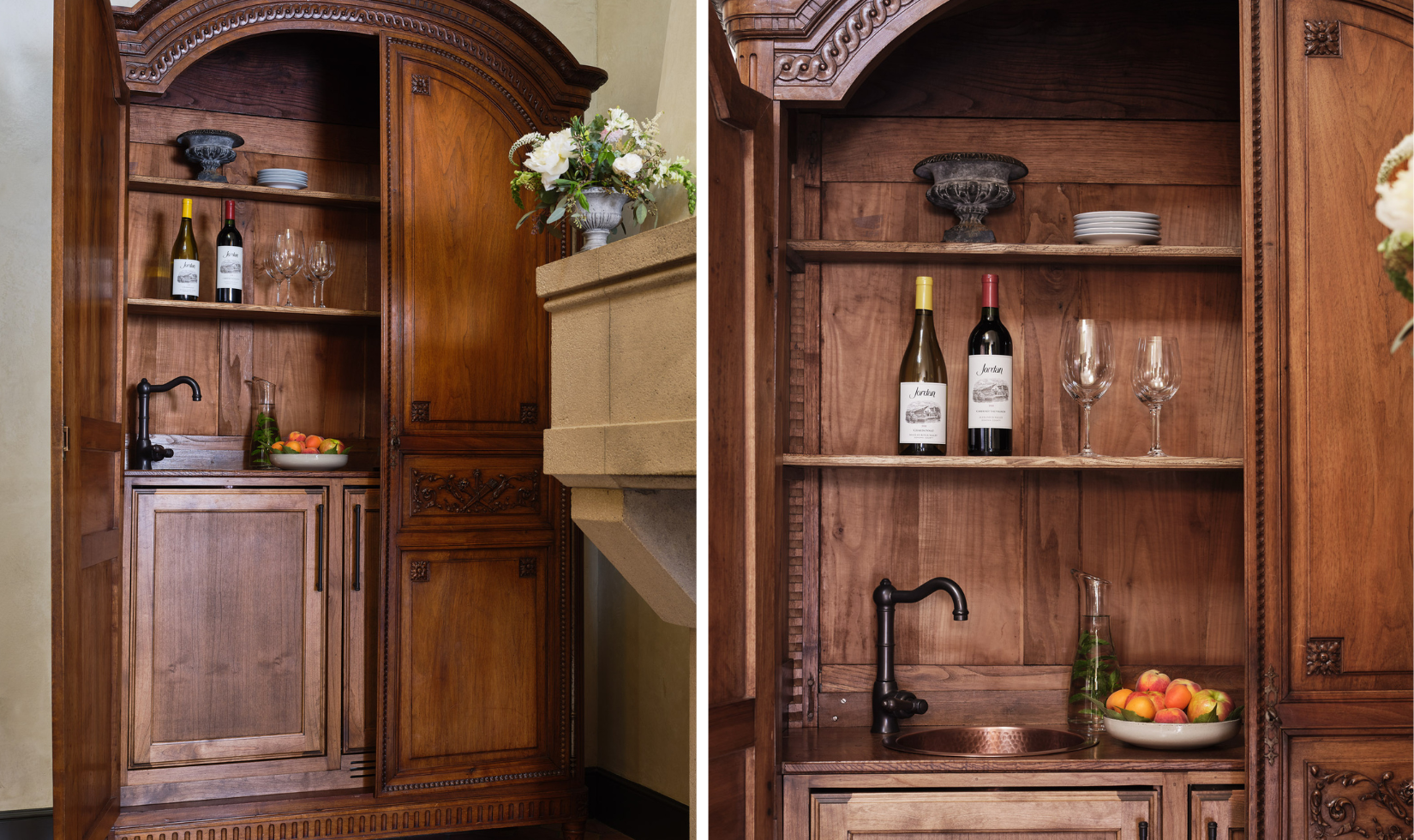 collage of two images of an antique armoire with a wet bar inside