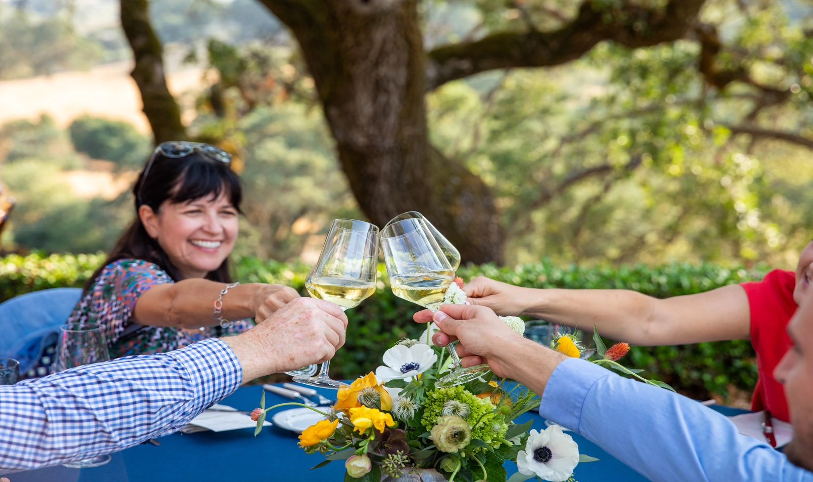 four people toasting their white wine in an outdoor setting