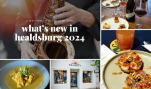 collage of images of food, wine, storefront and saxophone player