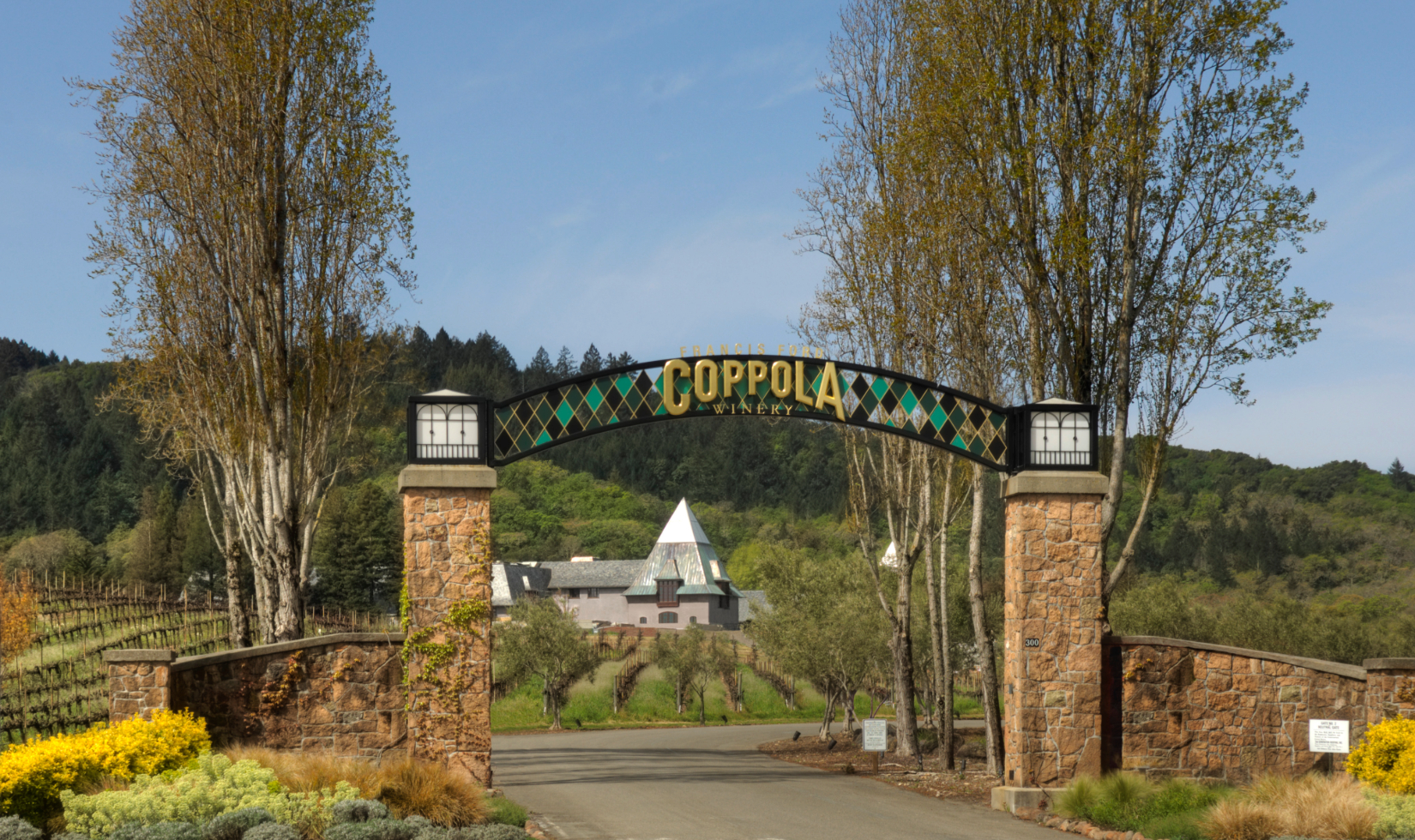 Exterior shot of the drive entrance to Francis Ford Coppola Winery