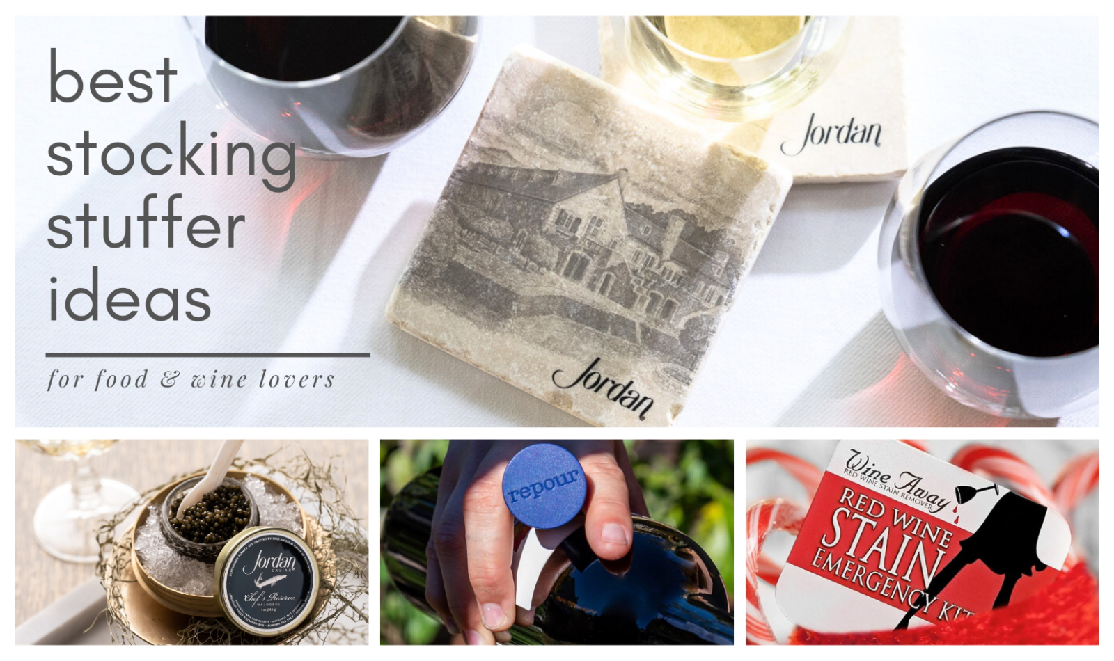 collage of stocking stuffers including coasters, caviar, wine stain remover