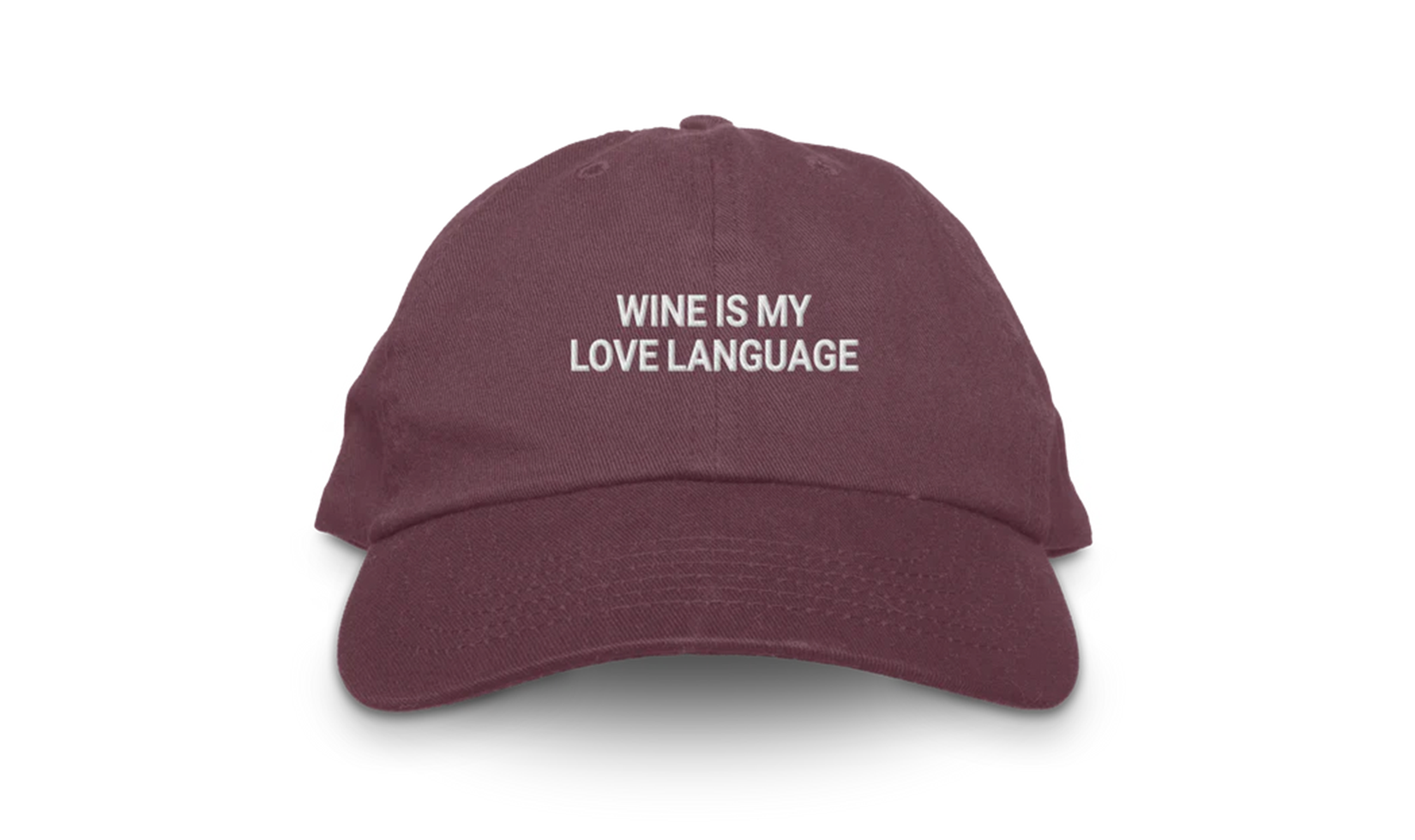 Burgundy cap with "Wine Is My Love Language" embroidered on the front.