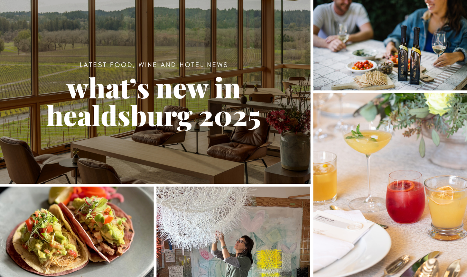 collage of food, winery tasting rooms and drinks
